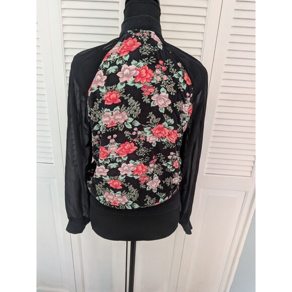 Kendall & Kylie Bomber Jacket Womens S Black Pink Floral Zip Crop Skater Hipster - Picture 10 of 14